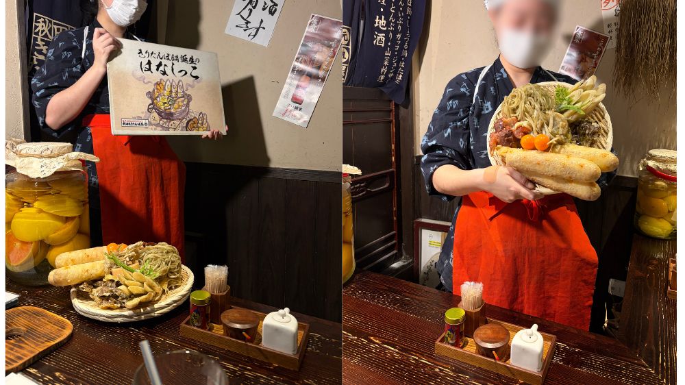 店員が秋田弁で説明しながら大きなきりたんぽ鍋の具材を紹介している